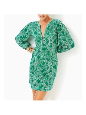 LILLY PULITZER Emery Long sleeve Dress – Fiddle Leaf Green “Safari Party” XS
